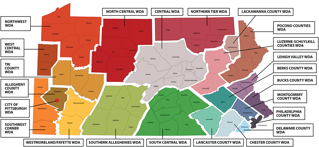 PA Workforce Development Areas Map